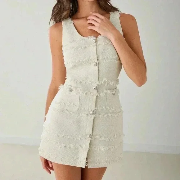 White Casual Women's Single-Breasted High-End Tassel Tweed Sleeveless Dress - Picture 5 of 8